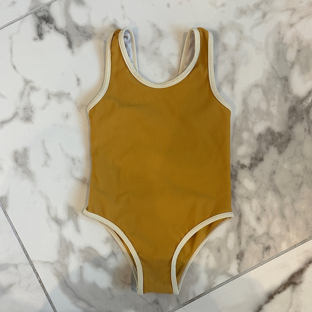 Girls Mustard Yellow Ribbed Swimsuit